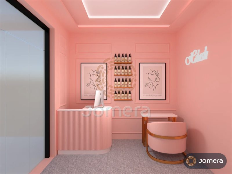 3D render of a pink beauty studio reception with a fluted curved desk, floating product shelves between framed line-art prints and a rose-gold accent chair