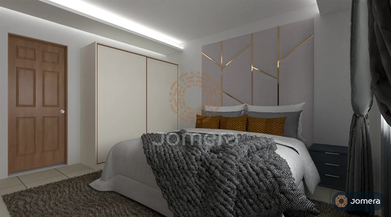 3D render of a bedroom with a full-height upholstered headboard wall inlaid with brass lines, a chunky knit throw, mustard cushions and a sliding wardrobe