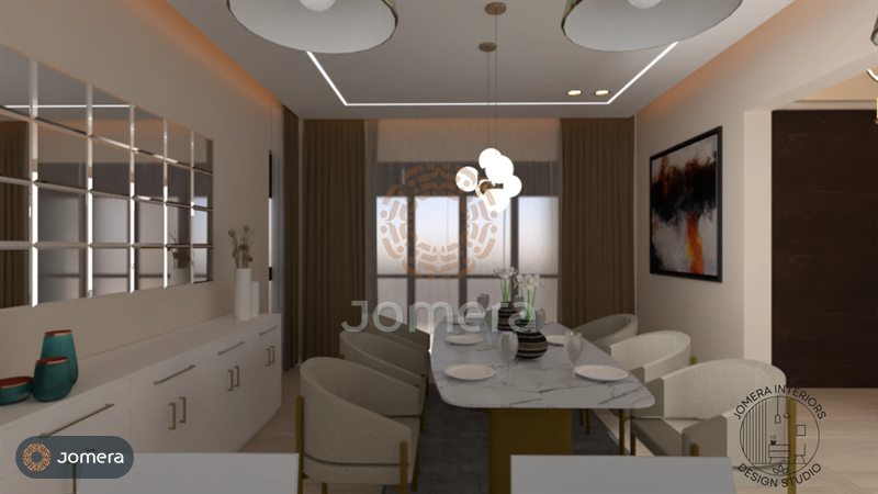 3D render looking down a marble dining table towards sheer-curtained windows, with a mirrored sideboard wall and abstract artwork