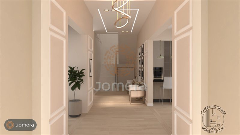 3D render looking through panelled double doorways down an entrance hall with a spiral gold chandelier, wall mouldings and a staircase beyond