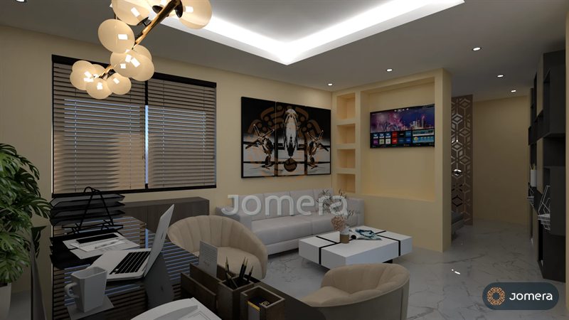 3D render looking from an executive desk across tub chairs and a lounge area to a lit niche wall and a CNC-cut screen
