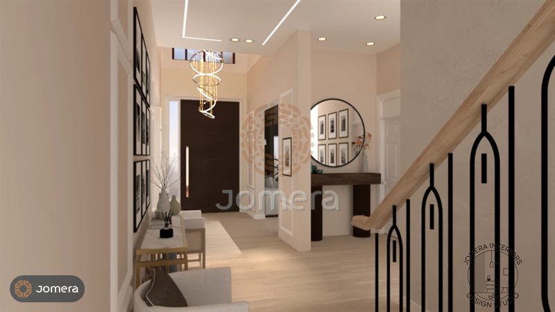 3D render of a foyer with a cascading gold chandelier, a round black mirror over a timber console and a staircase with sculptural black balusters