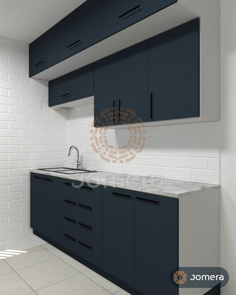 3D render of a run of navy kitchen cabinets with drawers, a marble-look worktop, an inset sink and white metro tiles