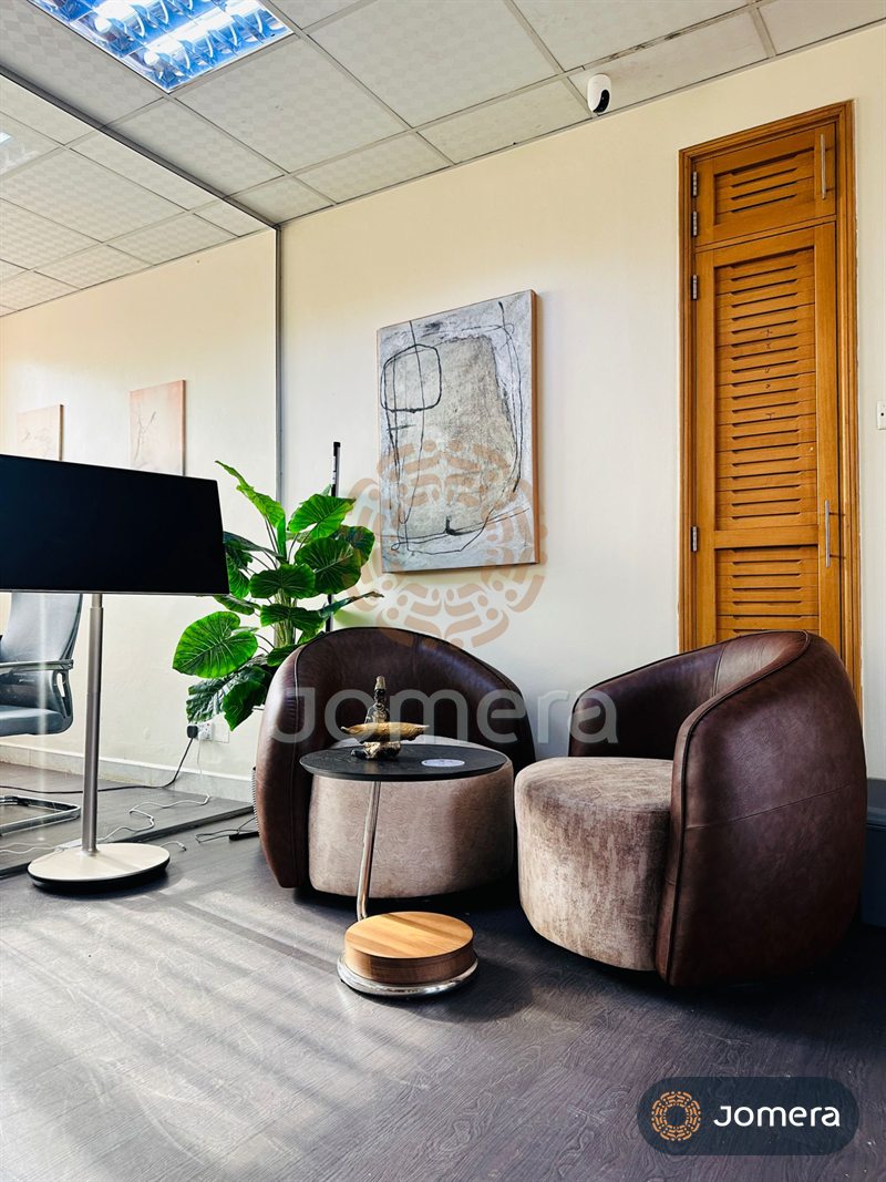 Office lounge corner with two leather swivel chairs, a timber-based side table with a brass figurine, a large abstract canvas and an elephant-ear plant