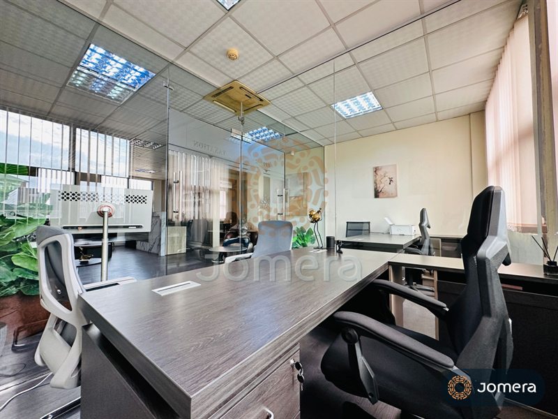 Bright open office with dark timber desks, ergonomic chairs and frameless glass partitions with frosted department names