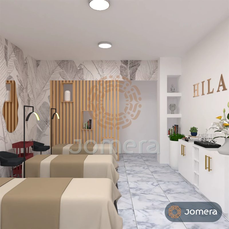 3D render of a lash studio with a slatted timber screen and display niches, a banana-leaf mural and built-in white shelving
